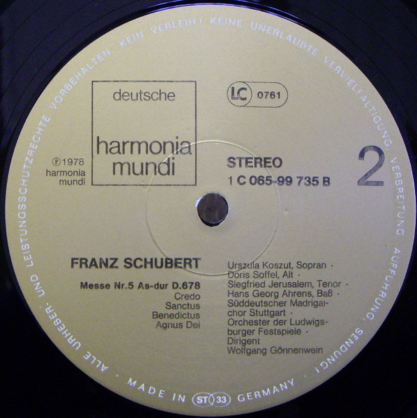 Franz Schubert , Urszula Koszut , Doris Soffel , Siegfried Jerusalem , Hans Georg Ahrens , Der Süddeutsche Madrigalchor , Orchester Der Ludwigsburger Schlossfestspiele , Wolfgang Gönnenwein - Messe As-Dur D.678 | Deutsche Harmonia Mundi (1C 065-99 735) - 4