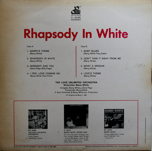 Love Unlimited Orchestra - Rhapsody In White | 20th Century Records (S-32.565) - 2