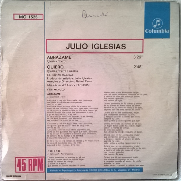 Julio Iglesias - Abrázame / Quiero | Columbia (MO 1525) - 2