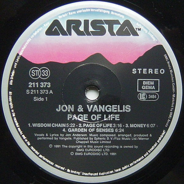 Jon & Vangelis - Page Of Life | Arista (211 373) - 3