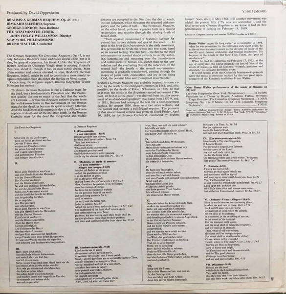 Johannes Brahms - Bruno Walter / New York Philharmonic , Irmgard Seefried • George London • Westminster Symphonic Choir - A German Requiem | Columbia (Y 31015) - 2