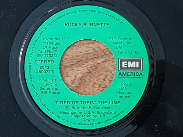 Rocky Burnette - Tired Of Toein' The Line / Boogie Down In Mobile, Alabama | EMI America (8043)