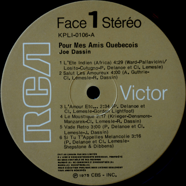 Joe Dassin - Pour Mes Amis Québécois [Vinyl] | RCA Victor (KPL1 0106) - 3