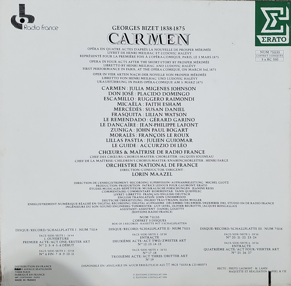 Georges Bizet / Julia Migenes , Placido Domingo , Ruggero Raimondi , Faith Esham , Lorin Maazel , Orchestre National De France , Chœur De Radio France Et Maîtrise De Radio France - Carmen | Erato (NUM 751133) - 2