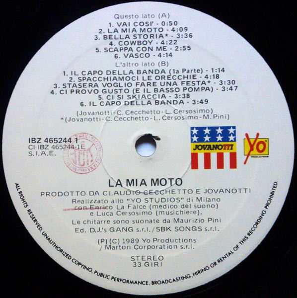 Jovanotti - La Mia Moto | Yo Productions (IBZ 465244-1) - 3