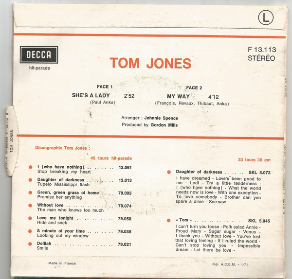 Tom Jones - She's A Lady / My Way | Decca (F 13.113) - 3