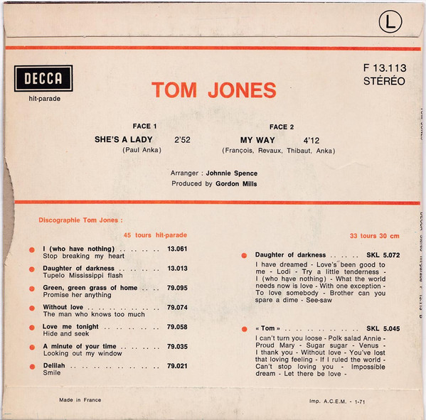 Tom Jones - She's A Lady / My Way | Decca (F 13.113) - 2