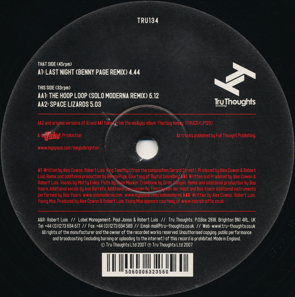 Me&You - Last Night (Benny Page Remix) / The Hoop Loop (Solo Moderna Remix) / Space Lizards | Tru Thoughts (TRU134)
