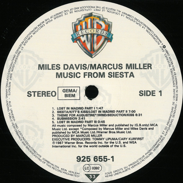Miles Davis / Marcus Miller - Music From Siesta | Warner Bros. Records (925 655-1) - 2