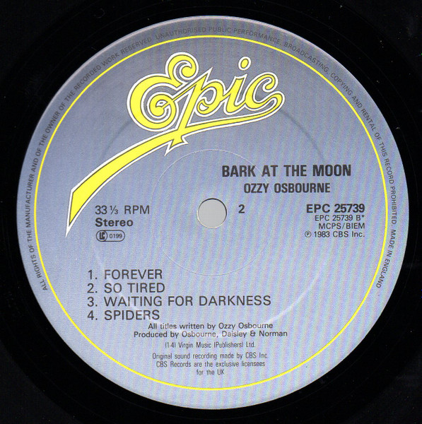 Ozzy Osbourne - Bark At The Moon | Epic (EPC 25739) - 4 Ozzy Osbourne - Bark At The Moon | Epic (EPC 25739) - 4