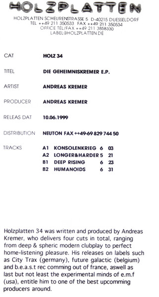 Andreas Kremer - Die Geheimniskremer E.P. | Holzplatten (HOLZ 34)