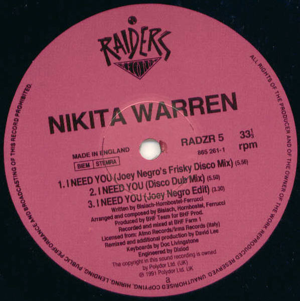 Nikita Warren - I Need You | Raiders Records (RADZR 5) - 2