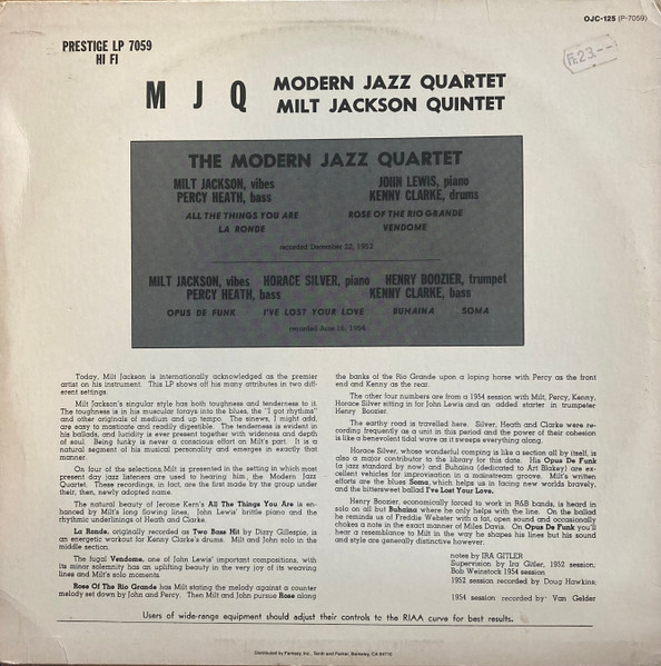 The Modern Jazz Quartet / Milt Jackson Quintet - MJQ | Original Jazz Classics (OJC-125 (P-7095)) - 3