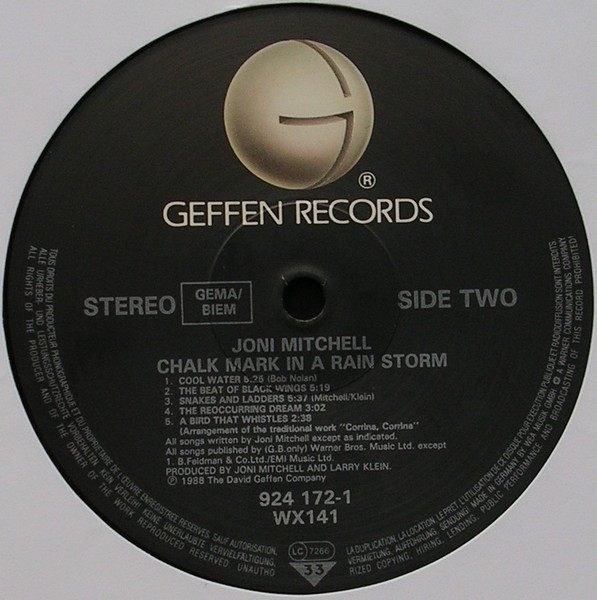 Joni Mitchell - Chalk Mark In A Rain Storm | Geffen Records (WX 141) - 4