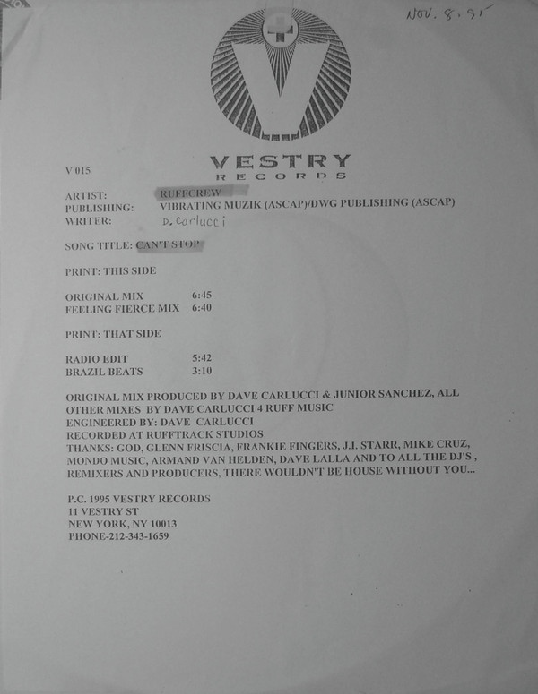 Ruffcrew - Can't Stop | Vestry Records (V015) Ruffcrew - Can't Stop | Vestry Records (V015)