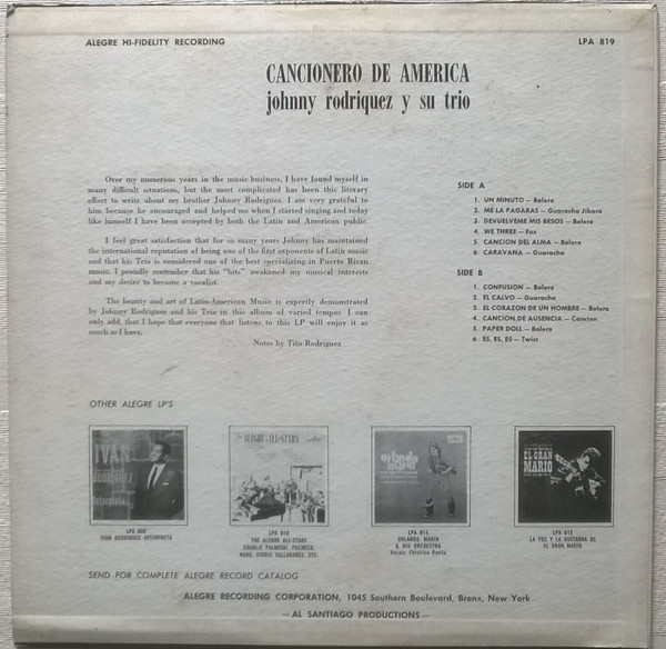 Johnny Rodriguez Y Su Trio - El Cancionero De America | Alegre Records (LPA 819) - 2