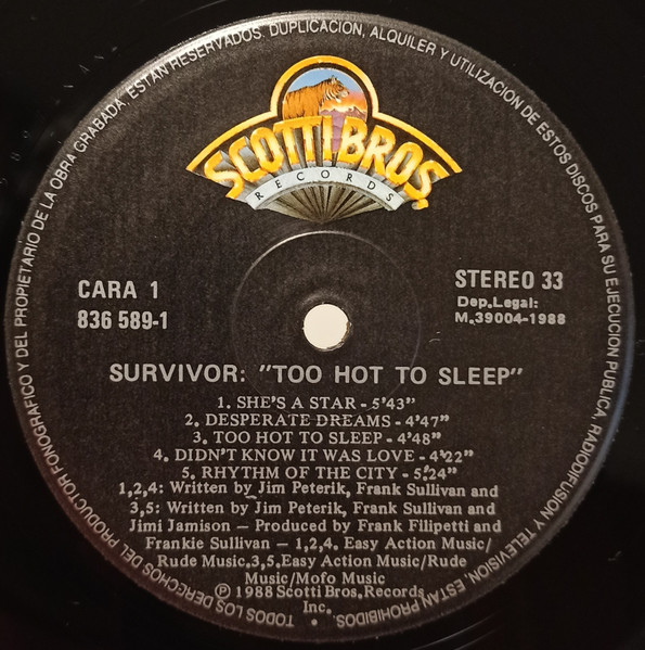 Survivor - Too Hot To Sleep | Scotti Bros. Records (836 589-1) - 3