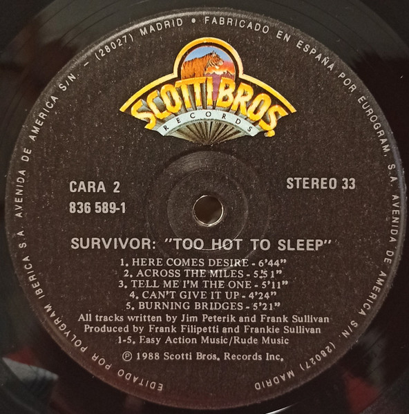 Survivor - Too Hot To Sleep | Scotti Bros. Records (836 589-1) - 4