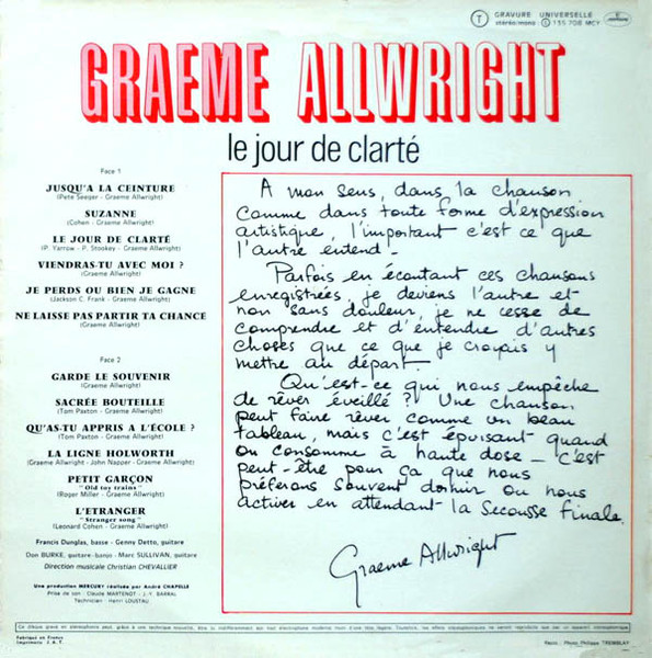 Graeme Allwright - Le Jour De Clarté | Mercury (135 708 MCY) - 2