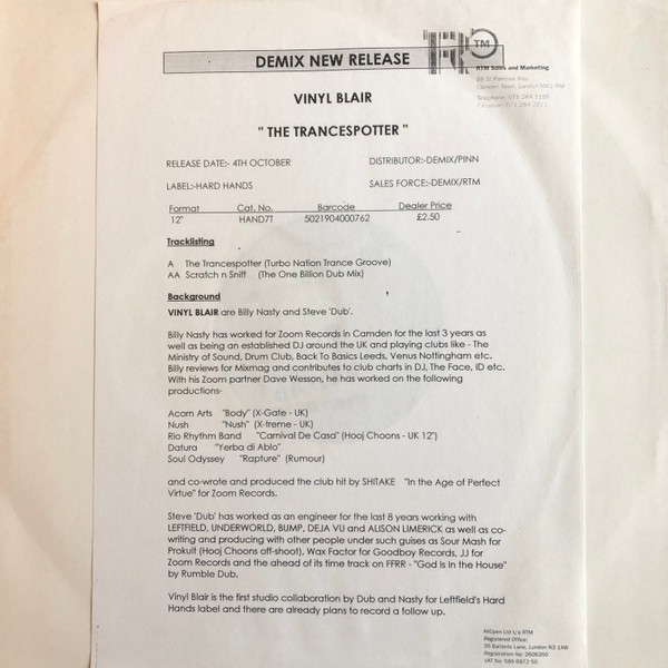 Vinyl Blair - The Trancespotter / Scratch N Sniff | Hard Hands (HAND 007T) - main