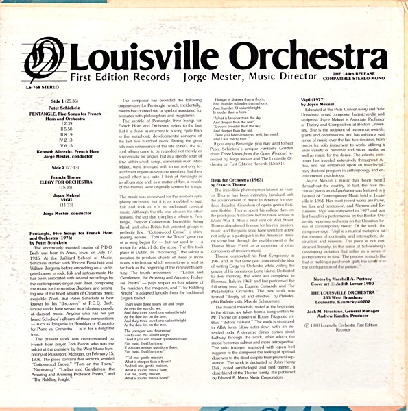 Peter Schickele / Kenneth Albrecht / Francis Thorne / Joyce Mekeel / The Louisville Orchestra , Jorge Mester - Pentangle For Horn / Elegy / Vigil | First Edition Records (LS-768) - 2 Peter Schickele / Kenneth Albrecht / Francis Thorne / Joyce Mekeel / The Louisville Orchestra , Jorge Mester - Pentangle For Horn / Elegy / Vigil | First Edition Records (LS-768) - 2