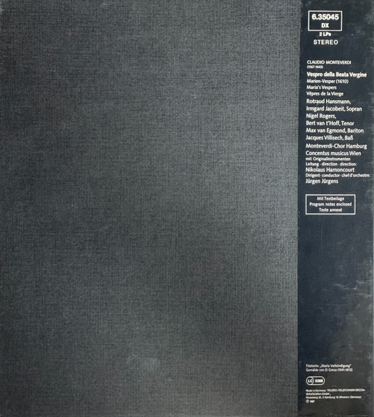 Claudio Monteverdi / Concentus Musicus Wien , Nikolaus Harnoncourt , Jürgen Jürgens - Vespro Della Beata Vergine »Marien-Vesper (1610)« | Telefunken (6.35045 DX) - 2