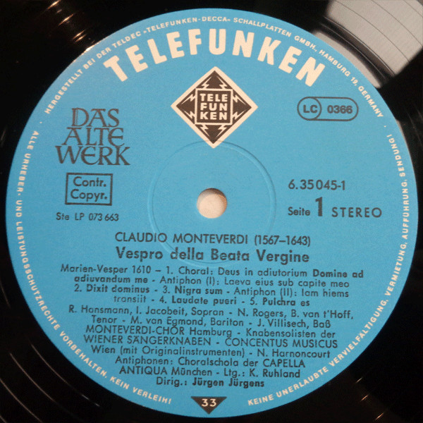 Claudio Monteverdi / Concentus Musicus Wien , Nikolaus Harnoncourt , Jürgen Jürgens - Vespro Della Beata Vergine »Marien-Vesper (1610)« | Telefunken (6.35045 DX) - 3