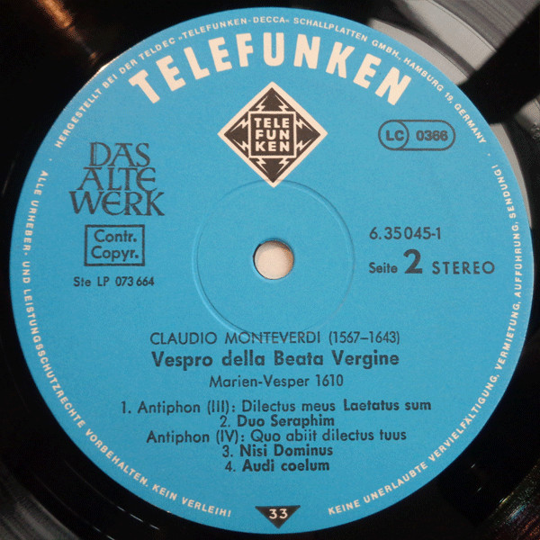 Claudio Monteverdi / Concentus Musicus Wien , Nikolaus Harnoncourt , Jürgen Jürgens - Vespro Della Beata Vergine »Marien-Vesper (1610)« | Telefunken (6.35045 DX) - 4