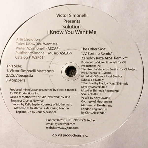 Victor Simonelli Presents Solution - I Know You Want Me | West Side Records (WSR014)
