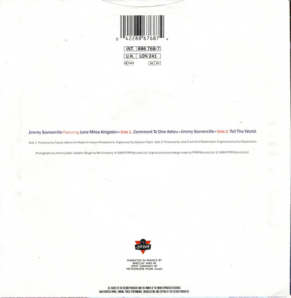 Jimmy Somerville Featuring June Miles-Kingston - Comment Te Dire Adieu | London Records (886 768-7) - 2