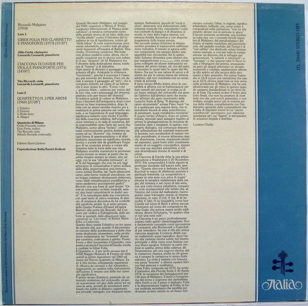 Riccardo Malipiero - Alfio Gerbi , Leonardo Leonardi , Tito Riccardi , Quartetto Di Milano - Giber Folia, Ciaccona Di Davide, Quartetto N. 3 | Italia (ITL 70040) - 2