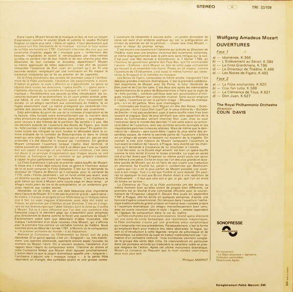 Wolfgang Amadeus Mozart , Sir Colin Davis , Royal Philharmonic Orchestra - Neuf Ouvertures | Trianon (TRI 33109) - 4