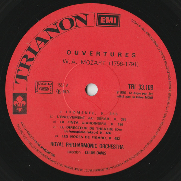 Wolfgang Amadeus Mozart , Sir Colin Davis , Royal Philharmonic Orchestra - Neuf Ouvertures | Trianon (TRI 33109) - 2