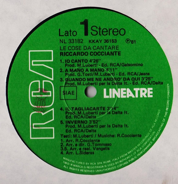 Riccardo Cocciante - Le Cose Da Cantare | RCA (NL 33182) - 2