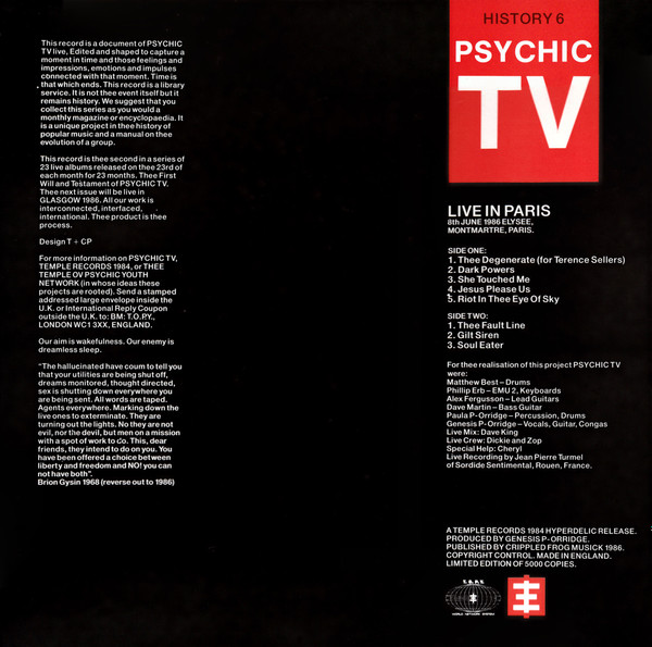 Psychic TV - Live In Paris | Temple Records (TOPY 014) - 2