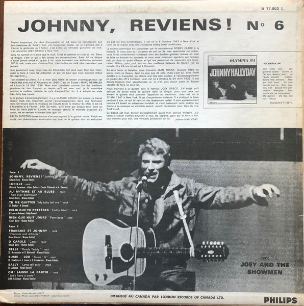 Johnny Hallyday Avec Joey And The Showmen - N°6 - Johnny, Reviens ! Les Rocks Les Plus Terribles | Philips (B 77.803 L) - 2