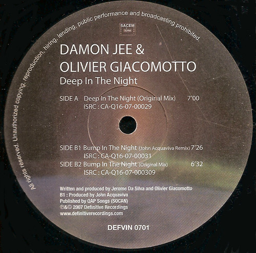 Damon Jee & Olivier Giacomotto - Deep In The Night | Definitive Recordings (DEFVIN 0701) - 2