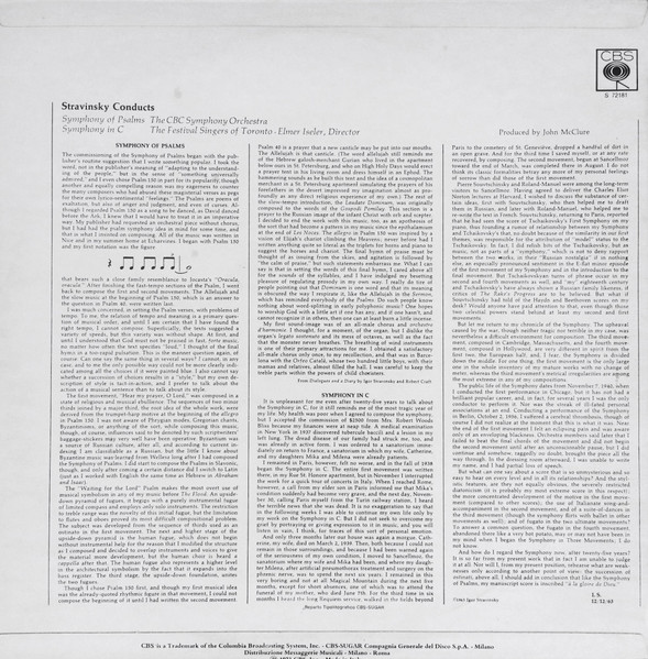 Igor Stravinsky Conducts CBC Symphony Orchestra , Festival Singers Of Toronto , Elmer Iseler - Symphony Of Psalms / Symphony In C | CBS (72181) - 2 Igor Stravinsky Conducts CBC Symphony Orchestra , Festival Singers Of Toronto , Elmer Iseler - Symphony Of Psalms / Symphony In C | CBS (72181) - 2
