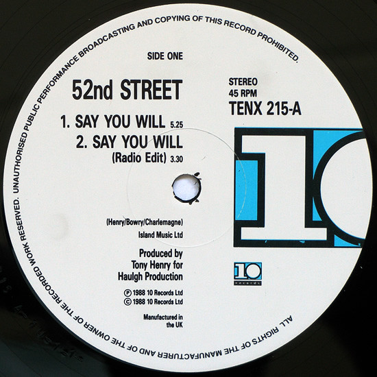 52nd Street - Say You Will | 10 Records (TENX 215) - 3