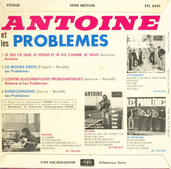 Antoine Et Les Problèmes - Antoine Et Les Problèmes | Disques Vogue (EPL 8445) - 2