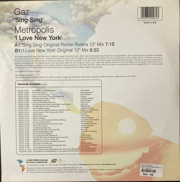Gaz / Metropolis - Sing Sing / I Love New York | Suss'd Records (SALSA 12 028) - 2