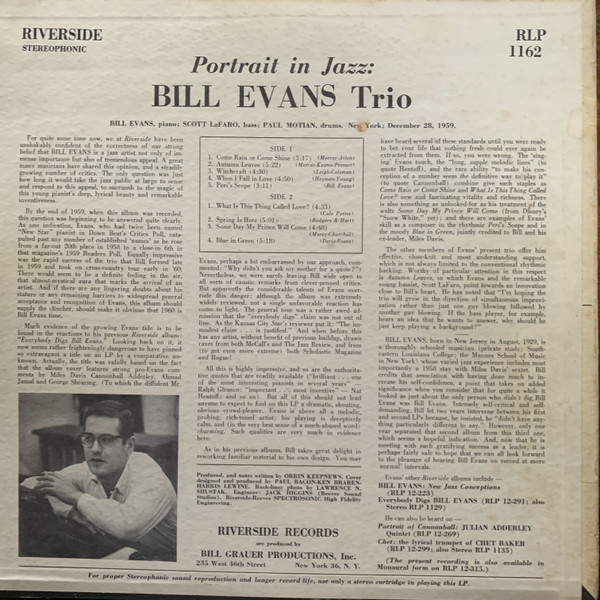 The Bill Evans Trio - Portrait In Jazz | Riverside Records (RLP 1162) - 2