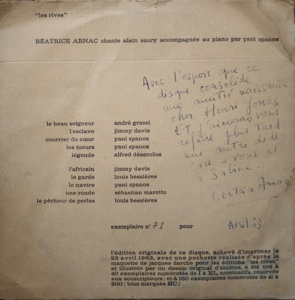 Beatrice Arnac Accompagnée Au Piano Par Γιάννης Σπανός - Béatrice Arnac Chante Alain Saury | Editions "Les Rives" (none) - 2