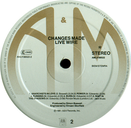 Live Wire - Changes Made | A&M Records (AMLH 68522) - 4
