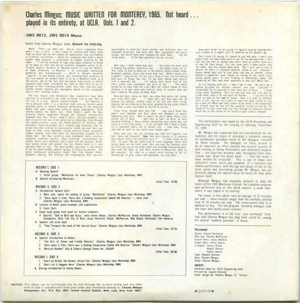 Charles Mingus - Music Written For Monterey, 1965 Not Heard... Played In Its Entirety, At UCLA | Charles Mingus (JWS 0013/0014) - 2