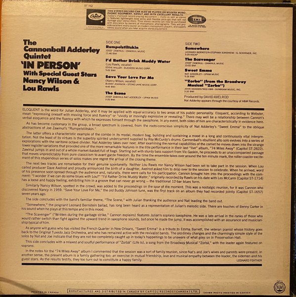 The Cannonball Adderley Quintet - In Person [Vinyl] | Capitol Records (ST-162) - 2