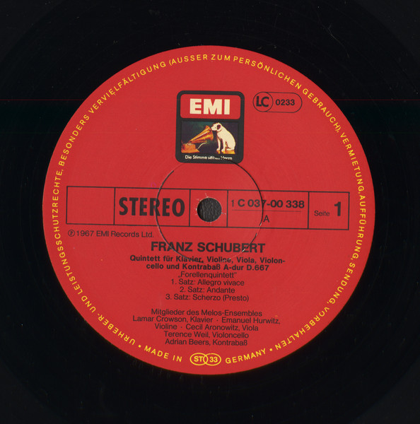 Franz Schubert , Members Of The Melos Ensemble Of London - Forellenquintett - Adagio Und Rondo Concertante | His Master's Voice (1C 037-00 338) - 3