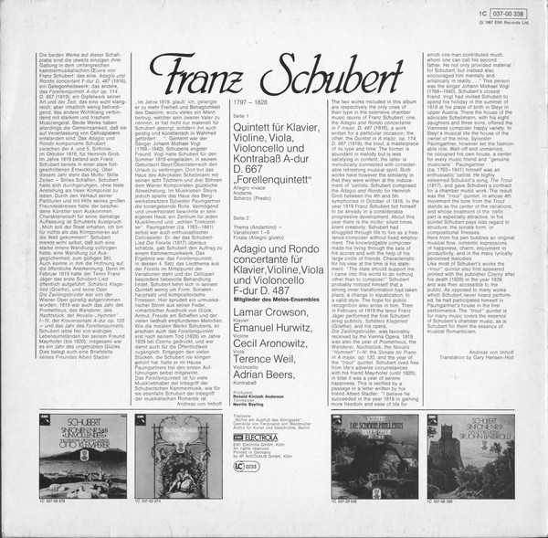 Franz Schubert , Members Of The Melos Ensemble Of London - Forellenquintett - Adagio Und Rondo Concertante | His Master's Voice (1C 037-00 338) - 2