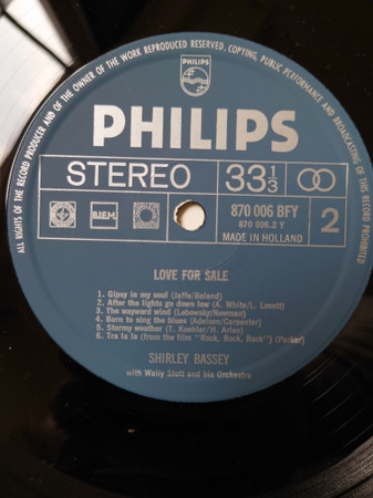 Shirley Bassey With Wally Stott & His Orchestra - Love For Sale | Philips (870 006 BFY) - 3