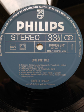 Shirley Bassey With Wally Stott & His Orchestra - Love For Sale | Philips (870 006 BFY) - 2
